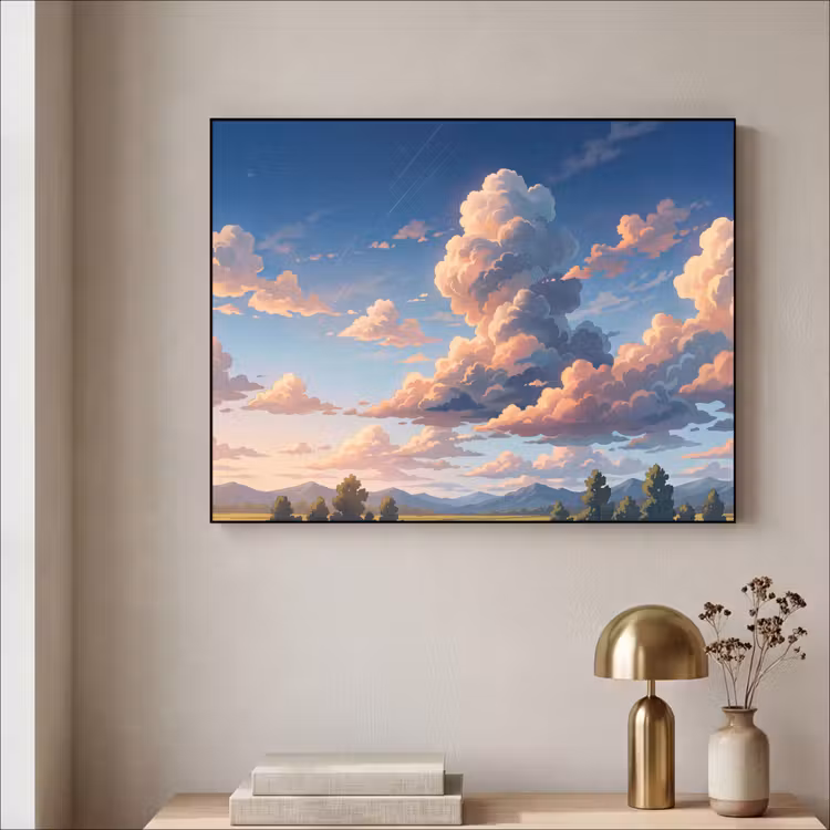 Wolken - Daghemel - Natuur - Illustratie - Oranje Textielframe zwart klein -sfeer2