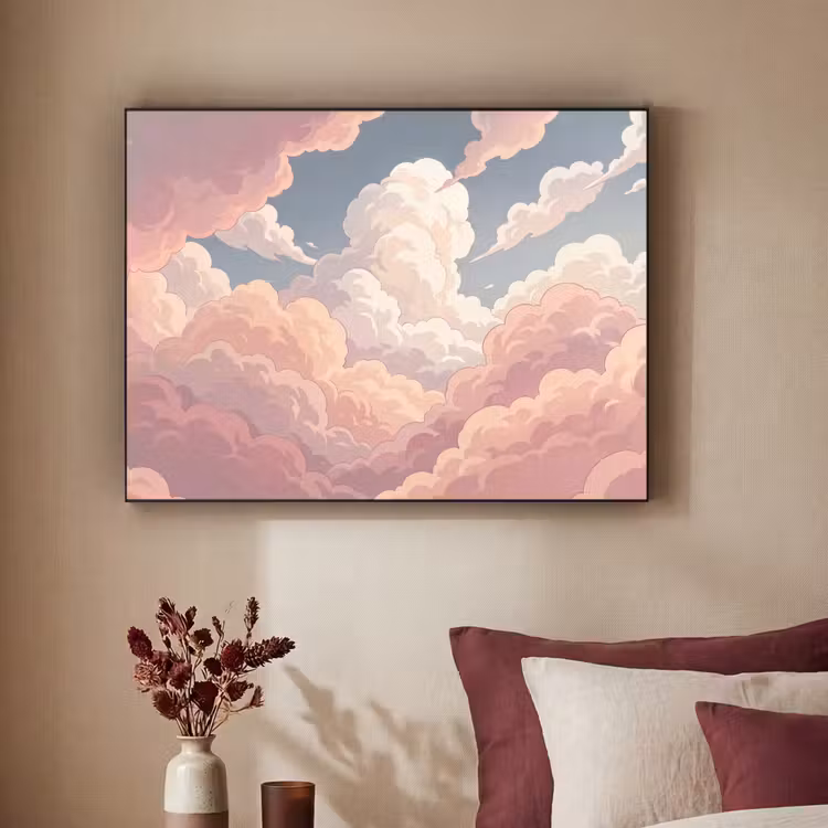 Wolken - Lucht - Natuur - Pastel - Roze Textielframe zwart klein -sfeer1