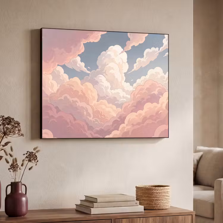 Wolken - Lucht - Natuur - Pastel - Roze Textielframe zwart klein -sfeer3