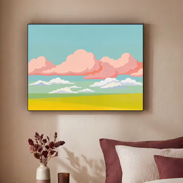 Wolken - Roze - Natuur - Modern - Pastel Textielframe zwart klein -sfeer1