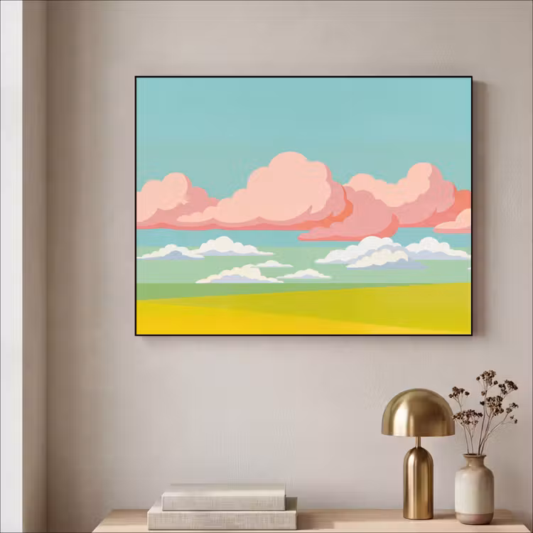 Wolken - Roze - Natuur - Modern - Pastel Textielframe zwart klein -sfeer2