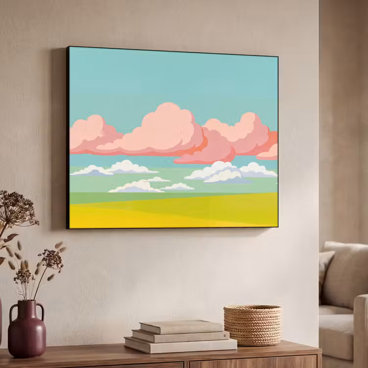 Wolken - Roze - Natuur - Modern - Pastel Textielframe zwart klein -sfeer3