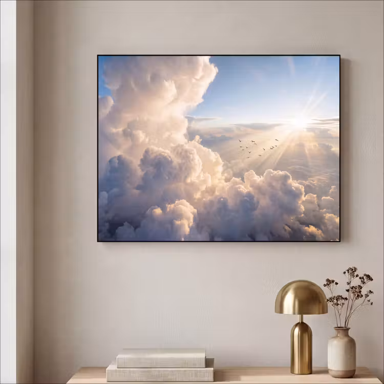 Wolken - Zonnestralen - Natuur - Wit Textielframe zwart klein -sfeer2