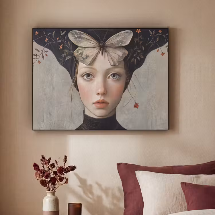 Woman - Butterfly - Art - Classic - Muted Textielframe zwart klein -sfeer1