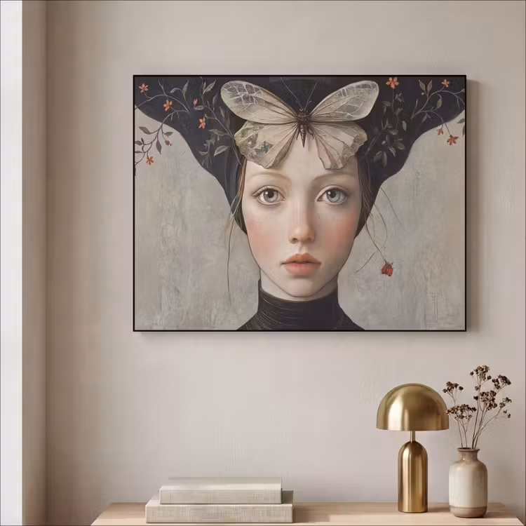 Woman - Butterfly - Art - Classic - Muted Textielframe zwart klein -sfeer2