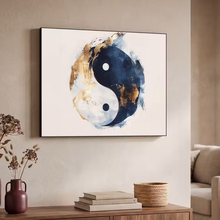 Yin Yang - Abstract - Zwart - Wit - Goud Textielframe zwart klein -sfeer3