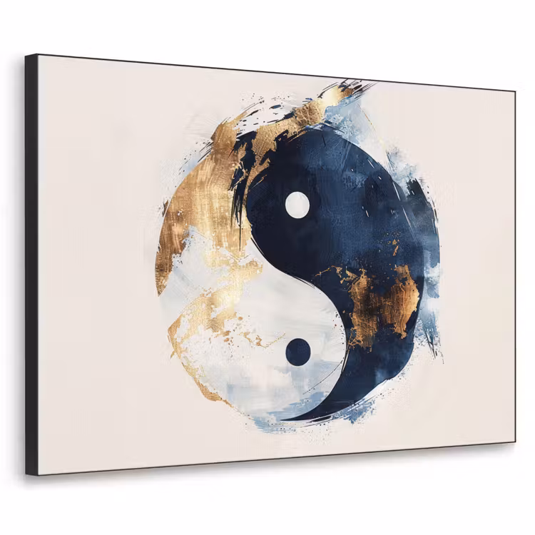 Yin Yang - Abstract - Zwart - Wit - Goud Textielframe zwart klein -3d
