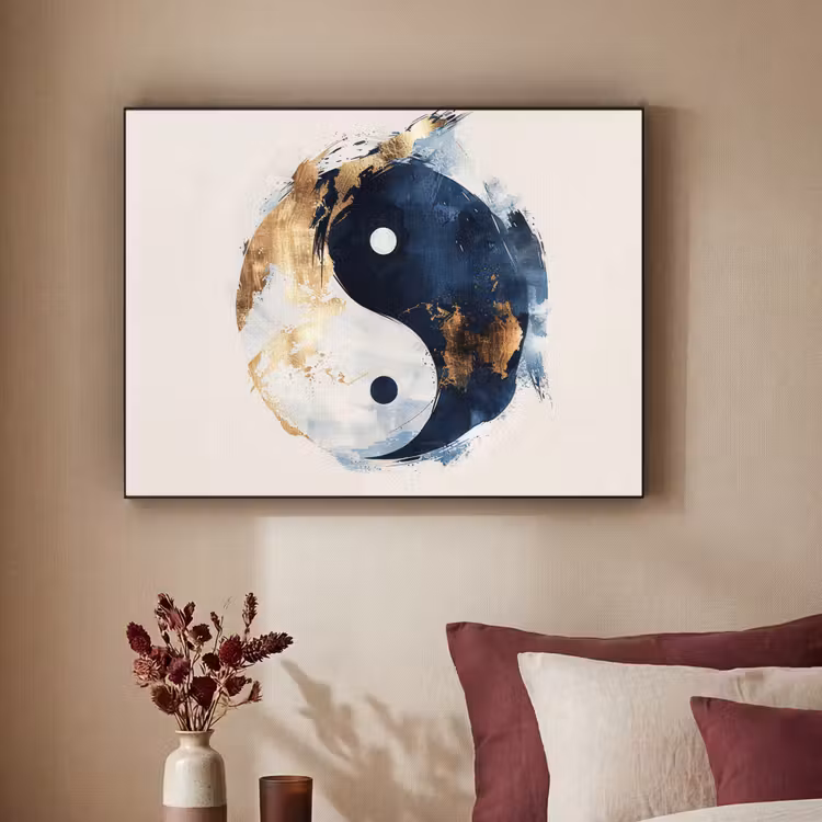Yin Yang - Abstract - Zwart - Wit - Goud Textielframe zwart klein -sfeer1