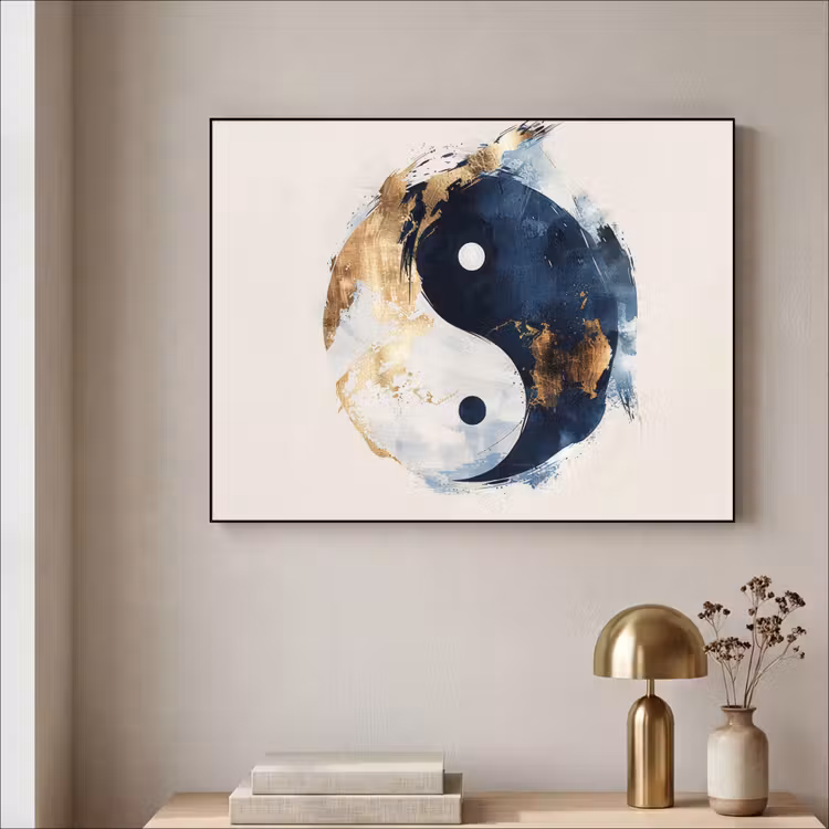Yin Yang - Abstract - Zwart - Wit - Goud Textielframe zwart klein -sfeer2