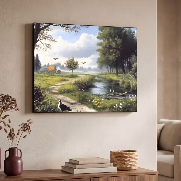 Zandpad - Groen landschap - Water Textielframe zwart klein -sfeer3