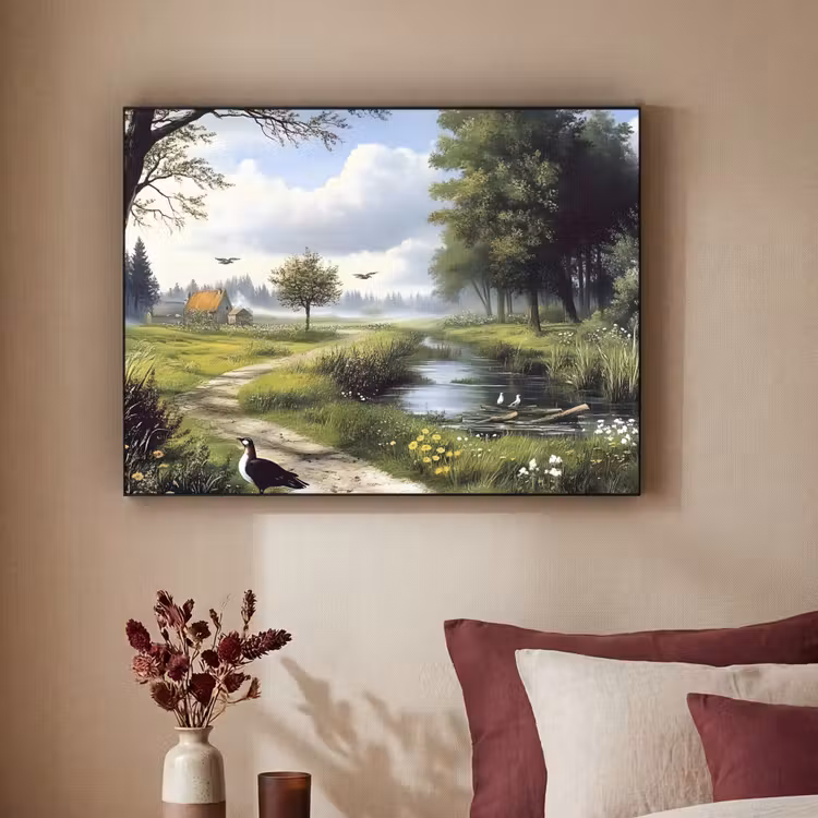 Zandpad - Groen landschap - Water Textielframe zwart klein -sfeer1