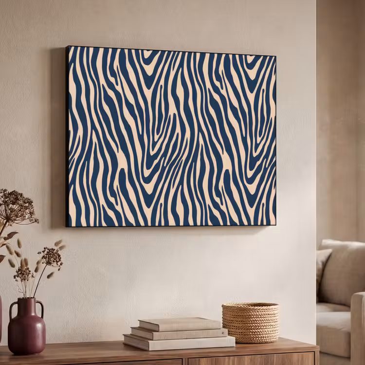 Zebra - Patroon - Blauw - Beige Textielframe zwart klein 947 -sfeer3