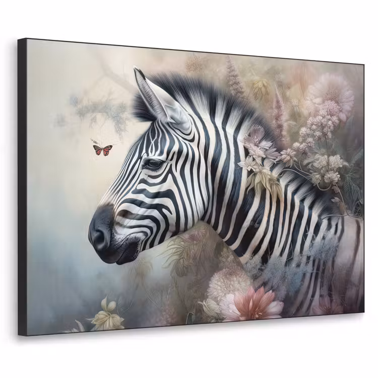 Zebra - Wilde dieren - Vlinder - Bloemen Textielframe zwart klein -3d