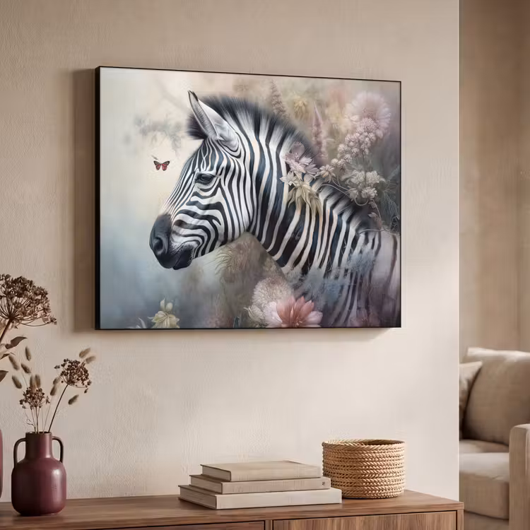 Zebra - Wilde dieren - Vlinder - Bloemen Textielframe zwart klein -sfeer3