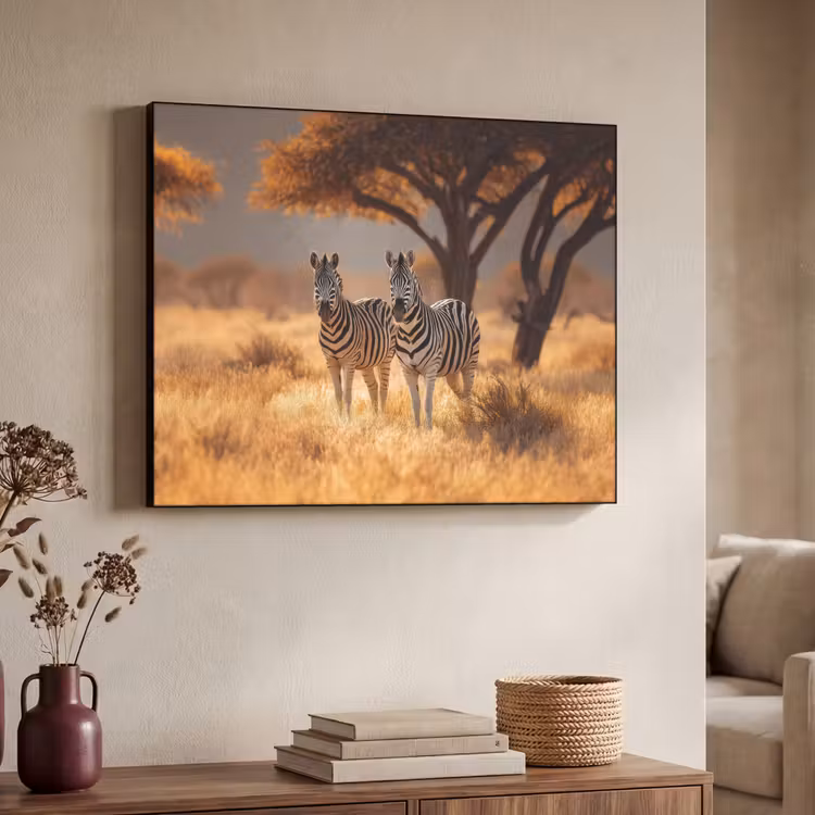 Zebra's - Savannelandschap - Gras Textielframe - compleet frame klein -sfeer3