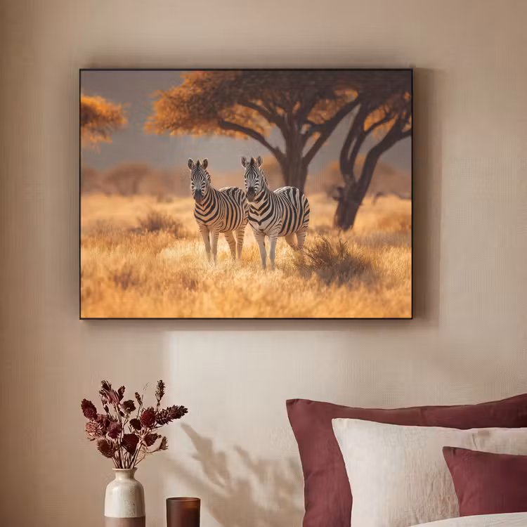 Zebra's - Savannelandschap - Gras Textielframe zwart klein -sfeer1