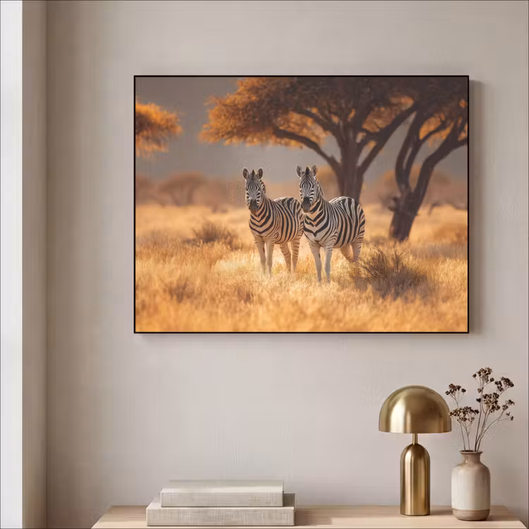 Zebra's - Savannelandschap - Gras Textielframe - compleet frame klein -sfeer2