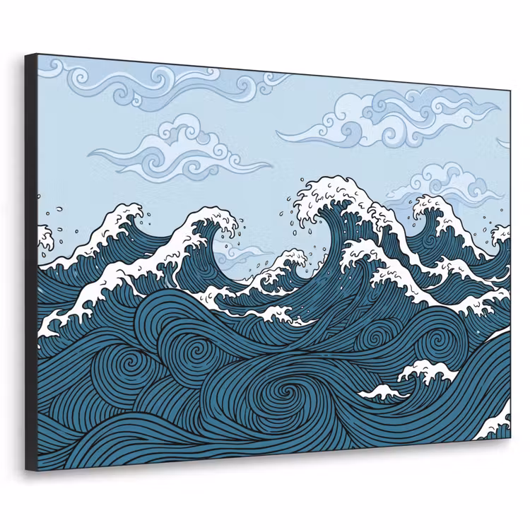 Zee - Golven - Japans - Natuur - Blauw Textielframe zwart klein -3d