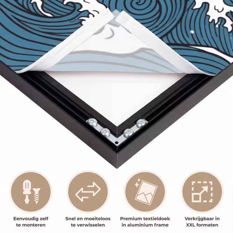 Zee - Golven - Japans - Natuur - Blauw Textielframe zwart klein -USP_closeupNL