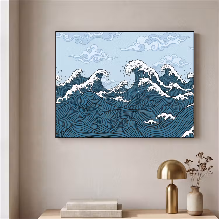 Zee - Golven - Japans - Natuur - Blauw Textielframe zwart klein -sfeer2