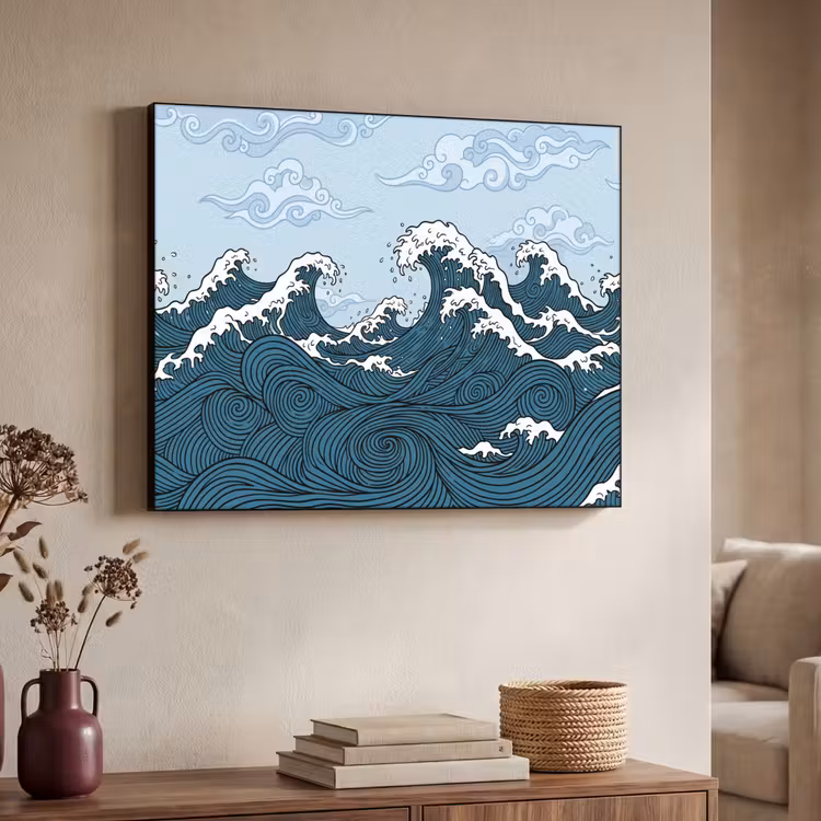 Zee - Golven - Japans - Natuur - Blauw Textielframe zwart klein -sfeer3