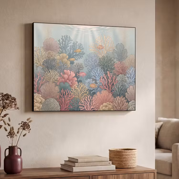 Zee - Koraal - Vis - Natuur - Kleurrijk Textielframe zwart klein -sfeer3