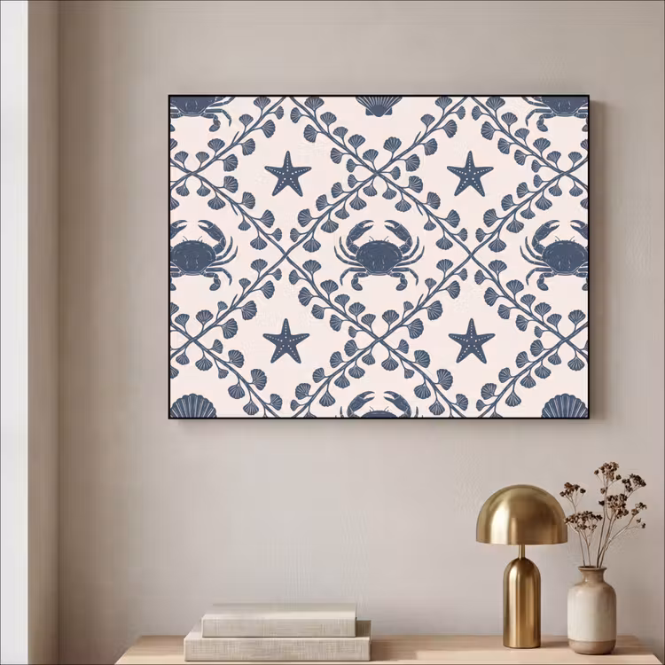 Zee - Krab - Zeester - Patroon - Blauw Textielframe zwart klein -sfeer2