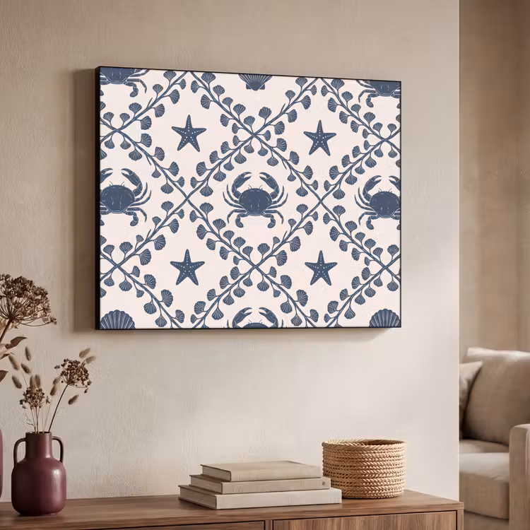 Zee - Krab - Zeester - Patroon - Blauw Textielframe zwart klein -sfeer3
