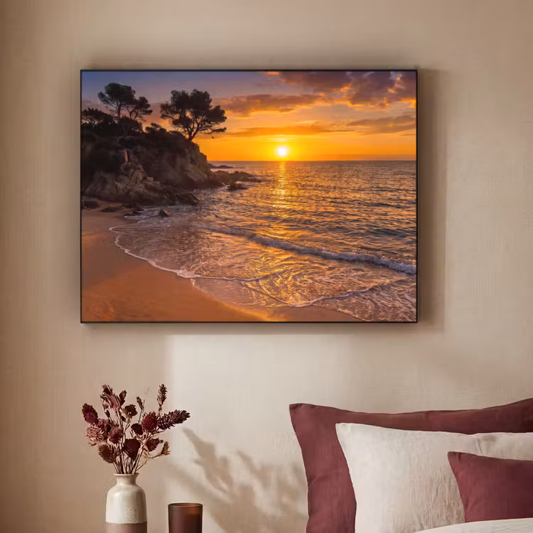 Zee - Kust - Zonsondergang - Natuur - Oranje Textielframe zwart klein -sfeer1