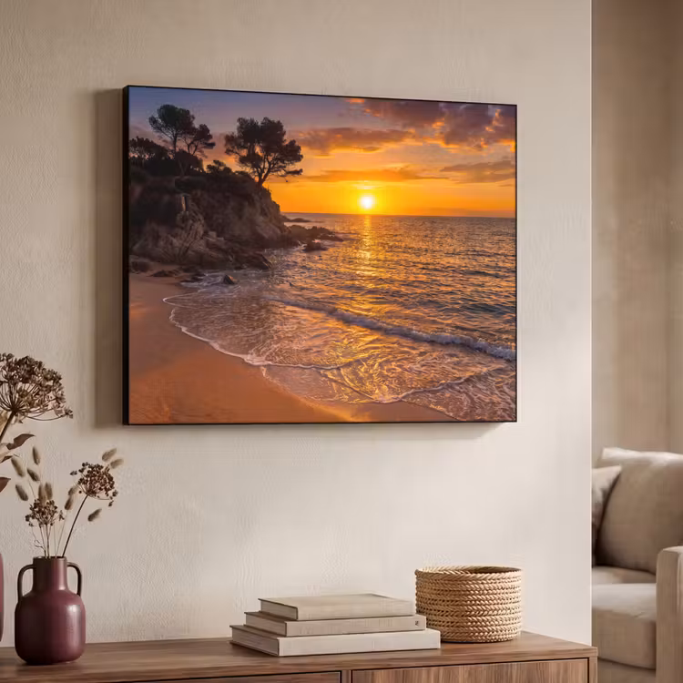 Zee - Kust - Zonsondergang - Natuur - Oranje Textielframe zwart klein -sfeer3