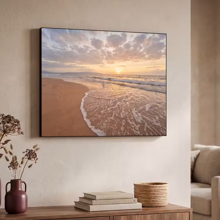 Zee - Kustlijn - Wolken - Landschap - Oranje Textielframe zwart klein -sfeer3
