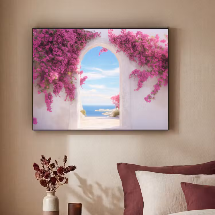 Zee - Roze - Bloemen - Poort Textielframe zwart klein -sfeer1