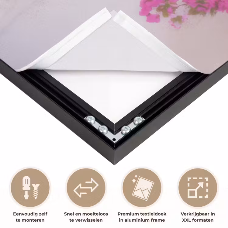 Zee - Roze - Bloemen - Poort Textielframe zwart klein -USP_closeupNL