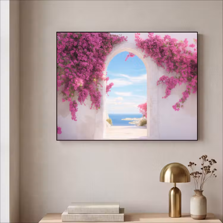 Zee - Roze - Bloemen - Poort Textielframe zwart klein -sfeer2