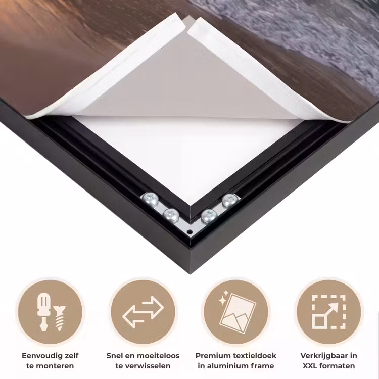 Zee - Zonsondergang - Boot - Natuur - Oranje Textielframe zwart klein -USP_closeupNL