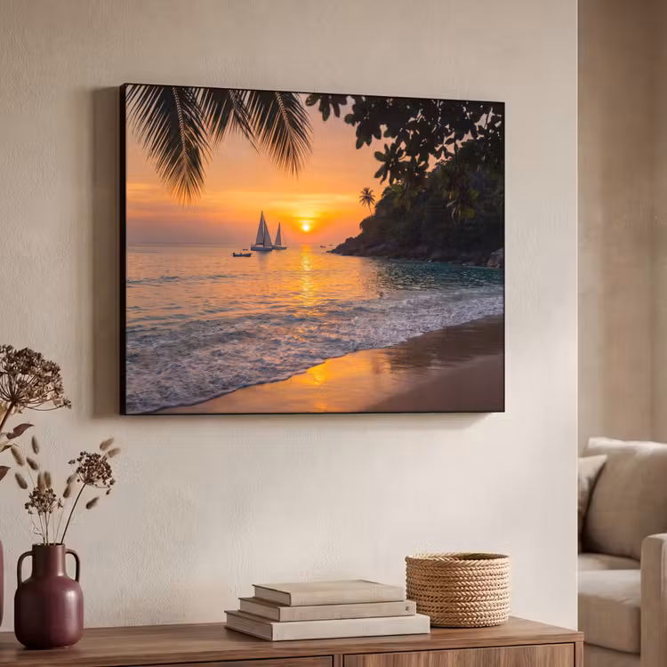 Zee - Zonsondergang - Boot - Natuur - Oranje Textielframe zwart klein -sfeer3