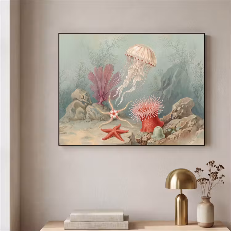 Zeeleven - Kwal - Onderwater - Illustratie - Beige Textielframe zwart klein -sfeer2
