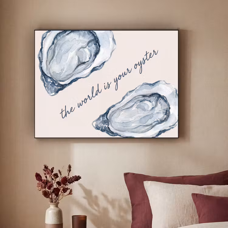 Zeeleven - Oester - Aquarel - Minimalistisch - Blauw Textielframe zwart klein -sfeer1