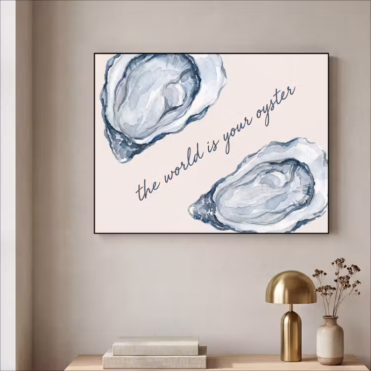 Zeeleven - Oester - Aquarel - Minimalistisch - Blauw Textielframe zwart klein -sfeer2