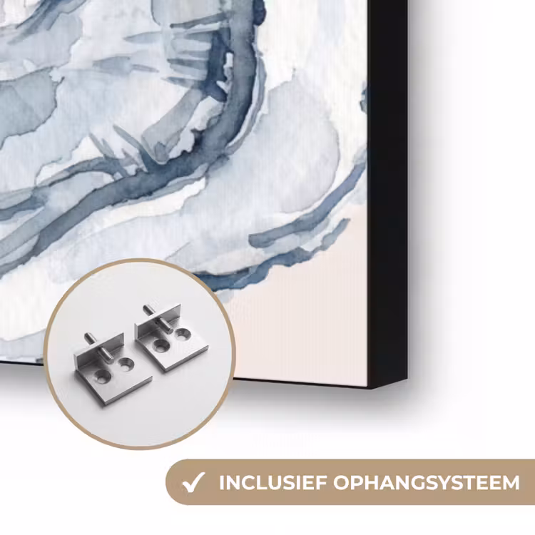 Zeeleven - Oester - Aquarel - Minimalistisch - Blauw Textielframe zwart klein -USP_ophangsysteemNL