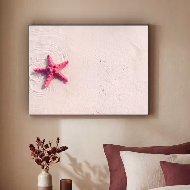 Zeeleven - Zeester - Strand - Roze - Water Textielframe zwart klein -sfeer1