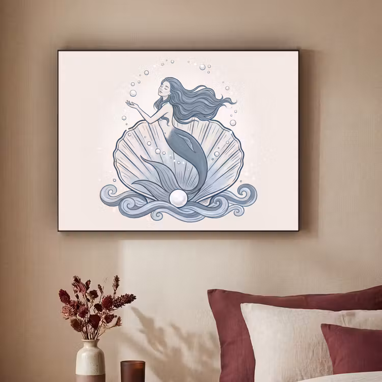 Zeemeermin - Schelp - Zee - Fantasie - Blauw Textielframe zwart klein -sfeer1
