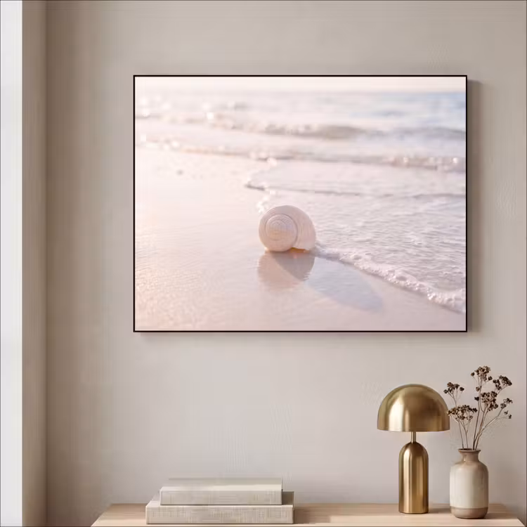 Zeeschelp - Strand - Zee - Natuur - Beige Textielframe zwart klein -sfeer2