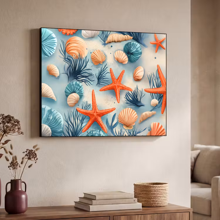 Zeesterren - Schelpen - Illustratie - Zand Textielframe zwart klein -sfeer3
