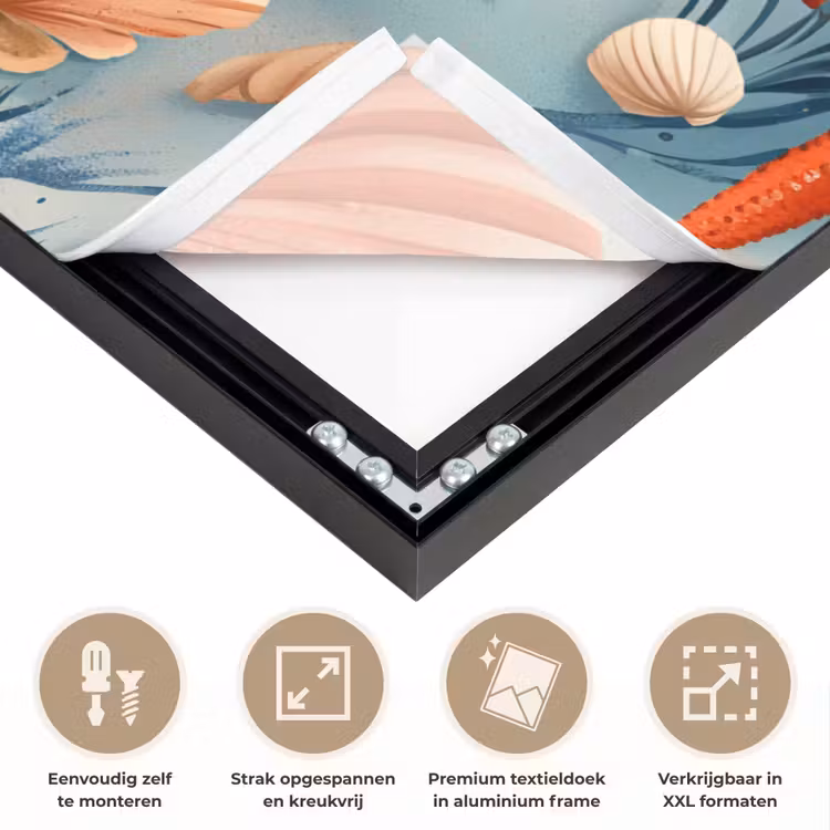 Zeesterren - Schelpen - Illustratie - Zand Textielframe zwart klein -USP_feed_closeupNL
