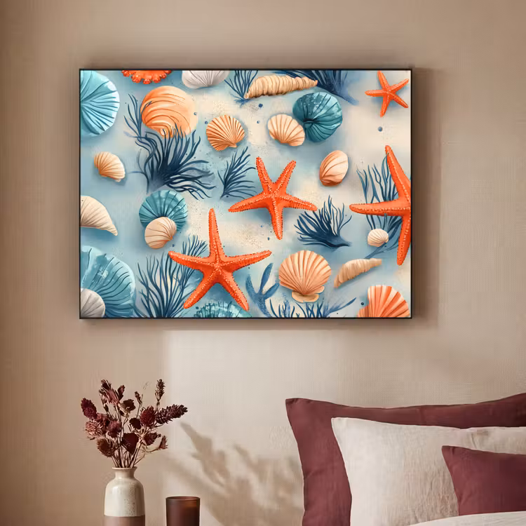 Zeesterren - Schelpen - Illustratie - Zand Textielframe zwart klein -sfeer1