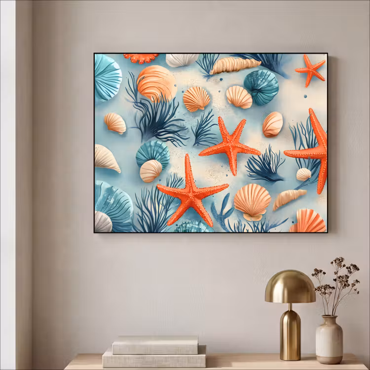 Zeesterren - Schelpen - Illustratie - Zand Textielframe - compleet frame klein -sfeer2