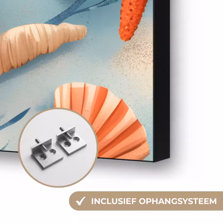 Zeesterren - Schelpen - Illustratie - Zand Textielframe zwart klein -USP_ophangsysteemNL
