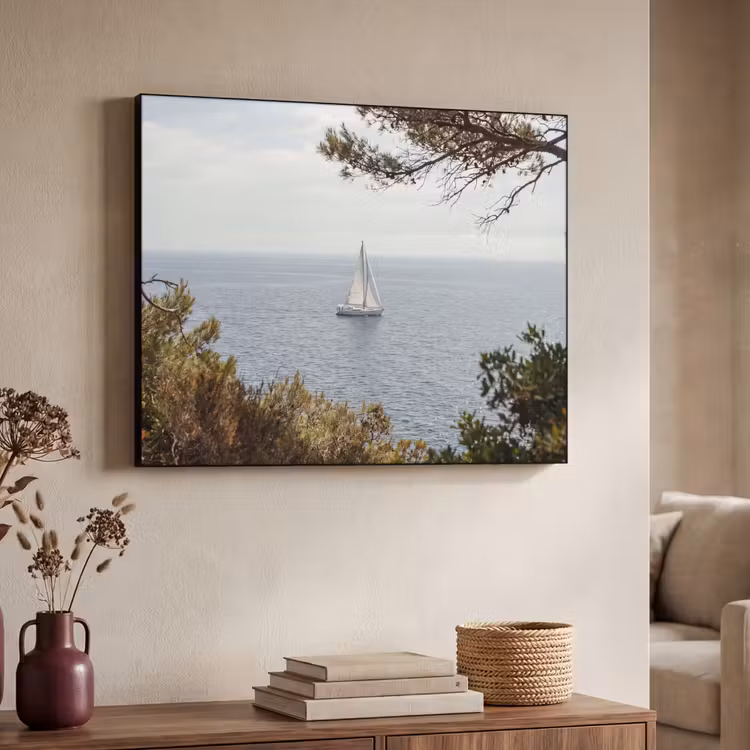 Art frame - Zeilboot - bomen - water - Zeilboot - bomen - water Textielframe zwart klein