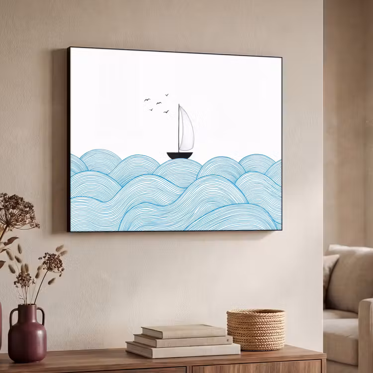 Zeilboot - Golven - Zee - Illustratie - Blauw Textielframe zwart klein -sfeer3